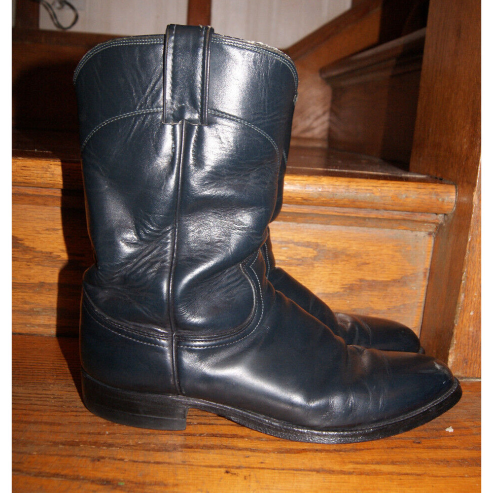 Vtg 90s USA Justin 3024 Navy Blue Leather Ropers Cowboy Western Boots Men's 8 D
